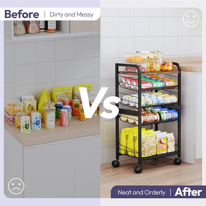 SWTYMIKI Can Organizer for Pantry - Stackable Rolling Snack Cart, Soda Can Organizer, Multi-Functional Shelf with Adjustable Wheels for Kitchen, Office, Living Room, Black