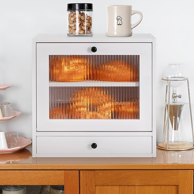 Sunhoo Bread Box for Kitchen Countertop Bin 2 Layer Wooden Bread Storage Breadbox Holder Large Capacity Container Bread Organizer Farmhouse Keeper Shelf with Drawer Acrylic Window (White