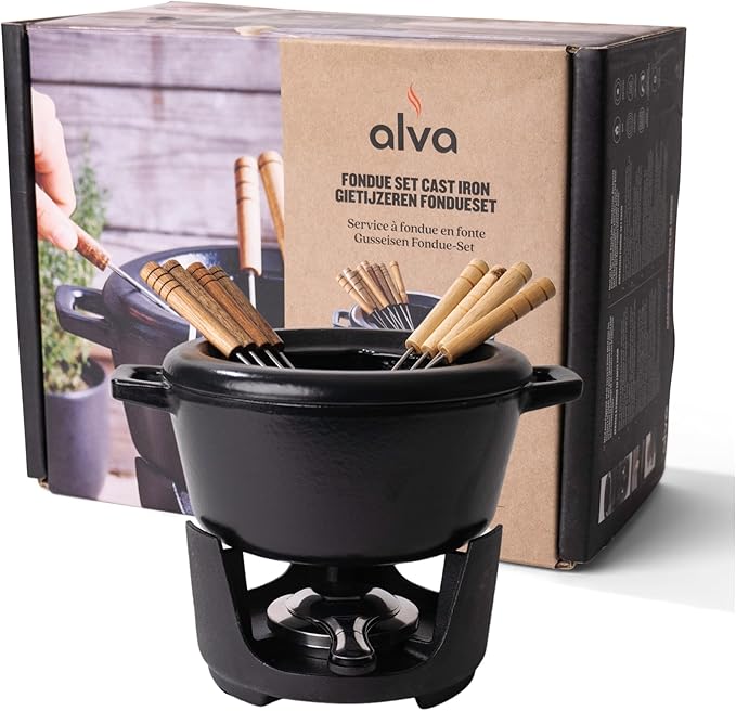 Alva Nori 2 Qt Cast Iron Fondue Set – Enameled, PFAS-Free Pot with Adjustable Burner & 8 Forks – For Cheese, Chocolate, Broth & Meat – Non-Toxic, Scratch-Resistant & Elegant Black Finish