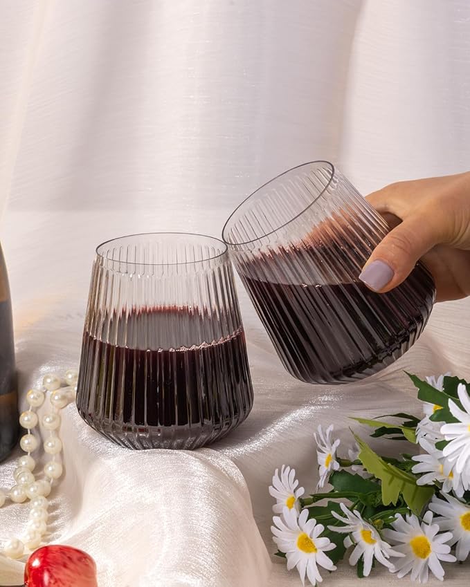 Goodluck 36 Pack 12oz Stemless Plastic Wine Glasses – Clear Ribbed Cups, Elegant Reusable Disposable Drinkware for Weddings, Parties, Bars, Indoor and Outdoor Events