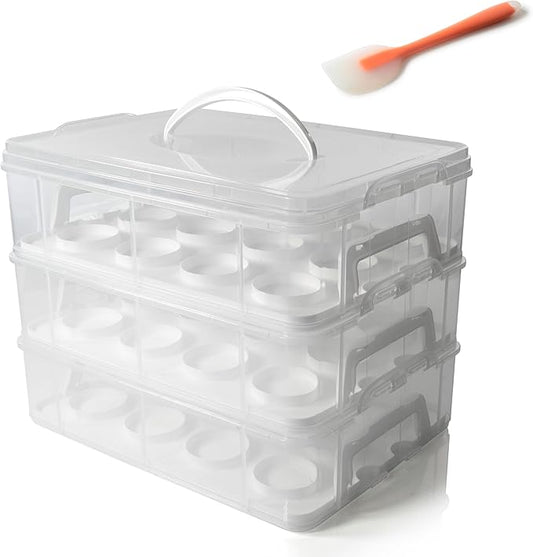 Sherfire 3-tier Cupcake Carrier with Lid and Handle - Clear Plastic, Holds Up to 36 Cupcakes/Muffins or 3 Cakes - Complete with Food Spatula