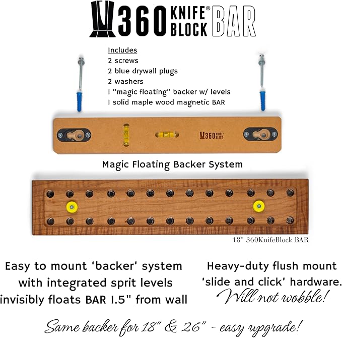 360KnifeBlock BAR - 4”x18” Guitar Wood wall mount knife BAR - verticle hang magnetic knive bar, two rows of magnets, solid wood, handmade in washington - 18" wood
