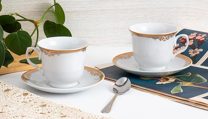 Porcelain Tea Cups and Saucers - 4 Pieces, Vintage Set - White with Gold Floral Edge Design - 5.5 Inch Saucers, 6.5 oz Cups - Perfect for Tea Parties or Every Day Use (Floral Gold 3004, 4 Piece)