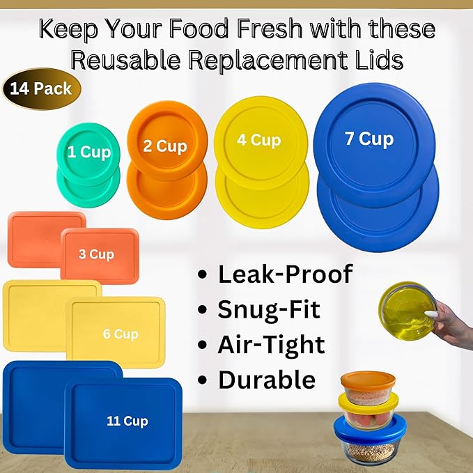 1, 2, 4 & 7 Cup Round & 3, 6, 11 Cup Rectangle Replacement Lids/Covers for Pyrex, Anchor Hocking & KlareWare Storage Bowls *Lids Only -Glass Container Not Included*, 14 Pack *2 of Each Size*