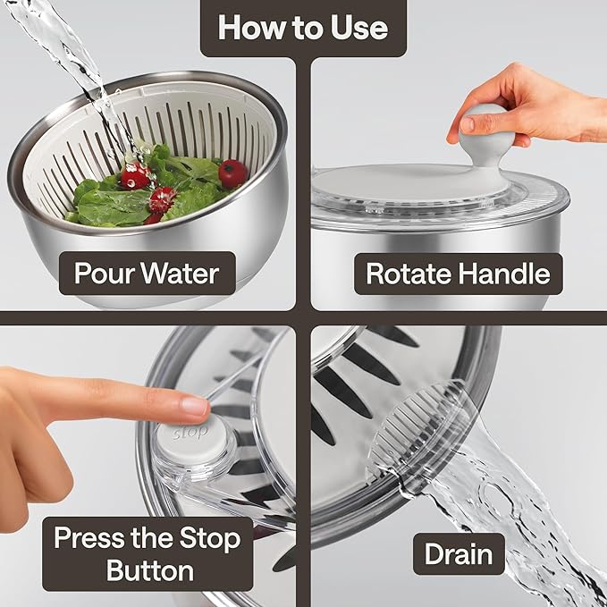 Stainless Steel Salad Spinner – Large Lettuce Dryer with Non-Slip Base & Instant Stop, BPA-Free Vegetable Washer, 5.3 Qt Cream White – Durable, Elegant & Premium