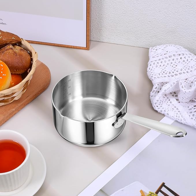 18/10 Stainless Steel Butter Warmer Measuring Pan, 0.5 Quart Small Sauce Pan with Dual Pour Spout, 17OZ/500ml Coffee Milk Chocolate Butter Melting Pot