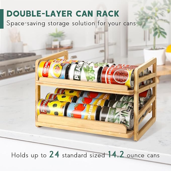Rolling Bamboo Can Organizer Rack, Stackable Double-Layer Can Organizers and Storage For Pantry, Canned Goods Holder Dispenser For Countertop Kitchen Cabinet or Pantry Shelf