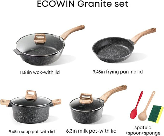 10Pcs Pots and Pans Set,nonstick Cookware Set Kitchen Cooking Set,Non-toxic Healthy Granite Induction Cookware Sets with firm heat-resistant handle(PFOA Free)