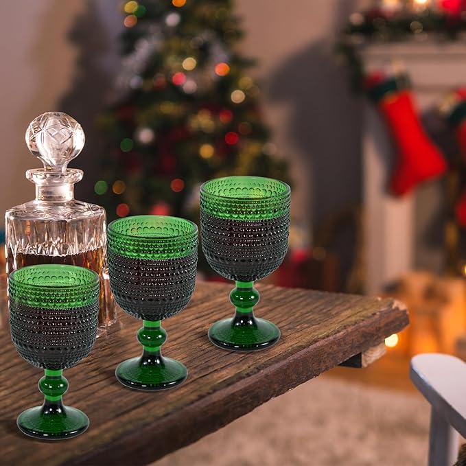 Vintage Wine Glasses Set of 6, 12 OZ Christmas Green Glass Water Goblets, Embossed Floral Decorative Crystal Glass Cups Set, Dishwasher Safe, for Wedding, Party, Red Wine Glass, Bars, Restaurants