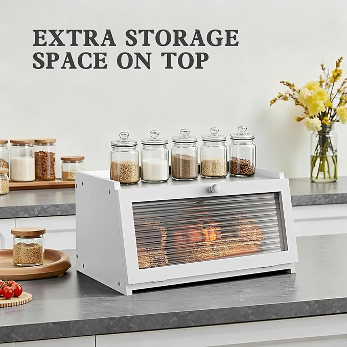 Bread Box for Kitchen Countertop Large Farmhouse Bread Container Bread Storage with Window Wooden Bread Holder White