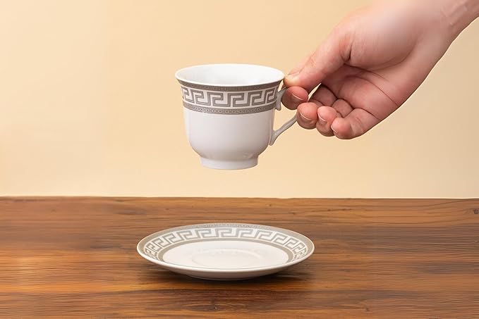 Porcelain Tea Cup and Saucer Set - 12 Piece White and Silver Greek Key Design - 6.5 oz Cups, 5.5 inch Saucers - Vintage Tea Set For Adults, Elegant Party Tea Cup Set (Meander Silver)