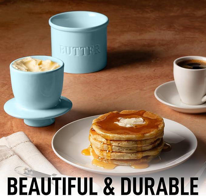 Zulay Kitchen Porcelain Butter Crock With Lid & Knife - Authentic French Butter Dish For Fresh & Spreadable Butter - Light Blue