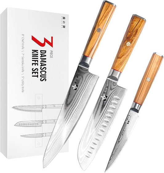 Damascus Kitchen Knife Set, Professional Chef Knife Set 67-Layer Damascus VG10 Steel, Olive Wood Handle with Gift Box, 3 Pieces