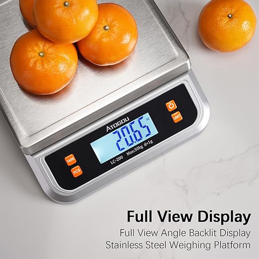 66lb Food Scale, Commercial Kitchen Scale Plug-in Usable with Full View LCD Display, Stainless Steel, for Baking, Bread, Cooking, Meat, Vegetables, Farm, Industry LC200