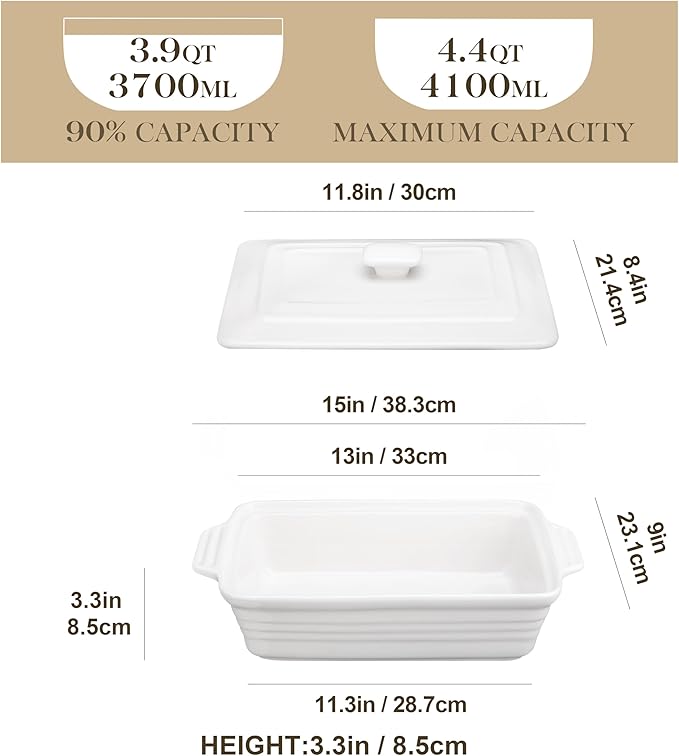 MALACASA Casserole Dish for Oven, 4.4 Qt Porcelain Baking Dish with Lid, 9x13 Baking Pan with Handles, Large Lasagna Pan Deep, Rectangular Bakeware, Microwave Safe, White, Series BAKE