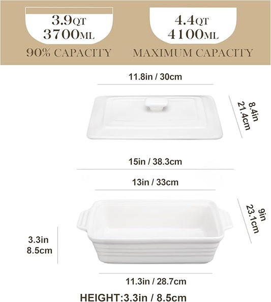 MALACASA Casserole Dish for Oven, 4.4 Qt Porcelain Baking Dish with Lid, 9x13 Baking Pan with Handles, Large Lasagna Pan Deep, Rectangular Bakeware, Microwave Safe, White, Series BAKE