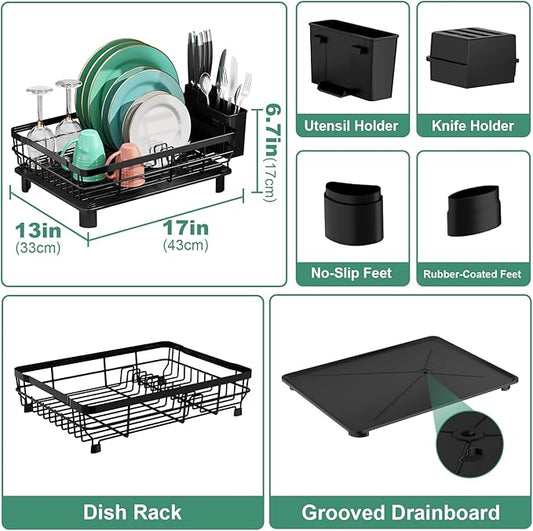 MOUKABAL Dish Drying Rack, Dish Rack, Stainless Steel Dish Racks for Kitchen Counter, Dish Drainer with Removable Utensil Holder, Drainboard (Black)