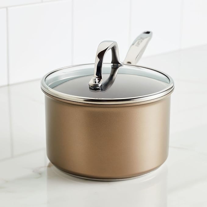 Anolon Ascend Hard Anodized Nonstick Sauce Pan/Saucepan and Lid - Good for All Stovetops (Gas, Glass Top, Electric & Induction), Dishwasher & Oven Safe with Stainless Steel Handle, 3 Quart - Bronze