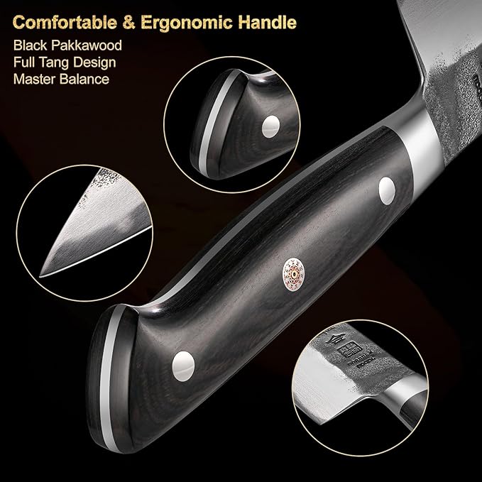 240mm Gyuto Knife, 9.5 Inch Japanese Chef Knife with AUS-8 Alloy Steel, Black Forged Japanese Carving Knives for Meat with Full-Tang Pakkawood Hanle, Premium Box for Husband, Dad