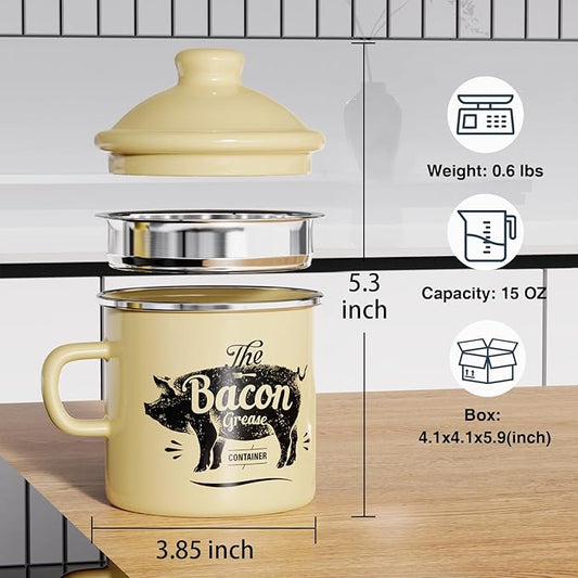 PGYARD Mini Bacon Grease Container With Strainer - 15OZ Enamel Grease Saver, Farmhouse Bacon Grease Keeper For Kitchen Fat Storage-Beige