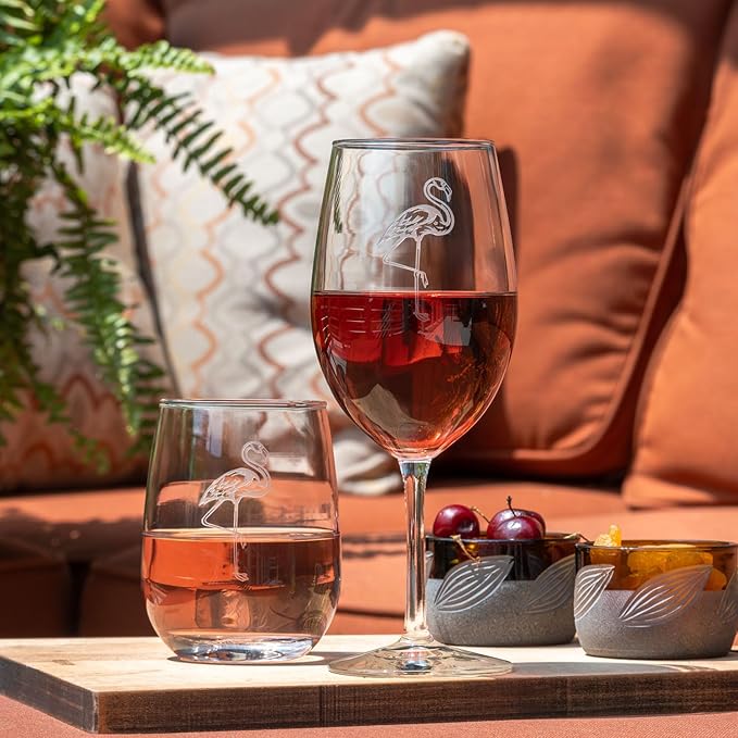 Rolf Glass Flamingo Stemless Wine Glass | 17oz Stemless Tumblers | Lead-Free and Etched Glass | Made in the USA | Coastal or Tropical Flamingo Design | Set of 4