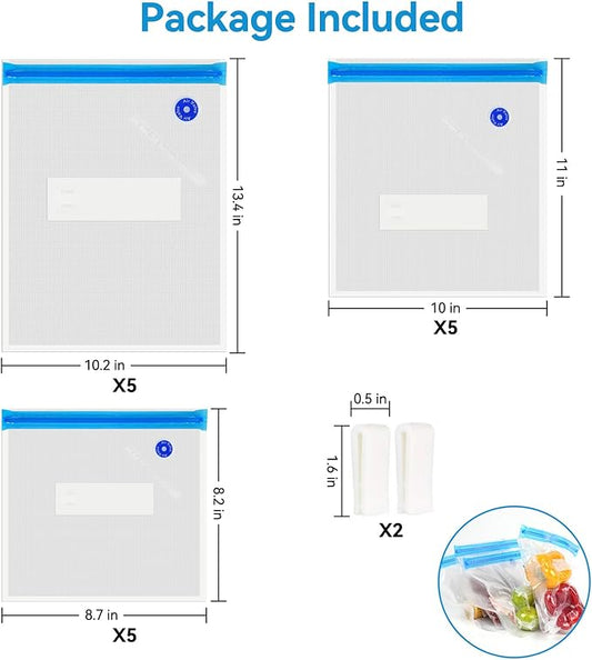 O2frepak 15 Pack Reusable Sous Vide Bags,BPA-Free Vacuum Seal Bags of 3 Sizes with 2 Seal Clips for Sous Vide Cooking and Food Storage