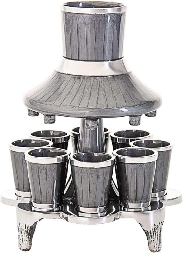 (D) Judaica Fountain in Enamel with 8 Cups (1 Ounce) Kiddush Item (Grey)