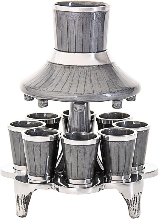 (D) Judaica Fountain in Enamel with 8 Cups (1 Ounce) Kiddush Item (Grey)