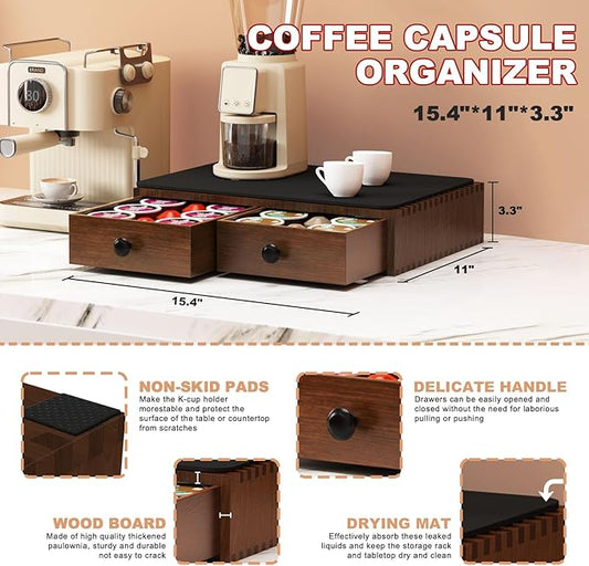 K Cup Holder, Wooden K Cup Organizer Box for Counter, Tea and Coffee Pod Storage Drawer Coffee Maker Stand, 30 Pod Capacity, Walnut Black