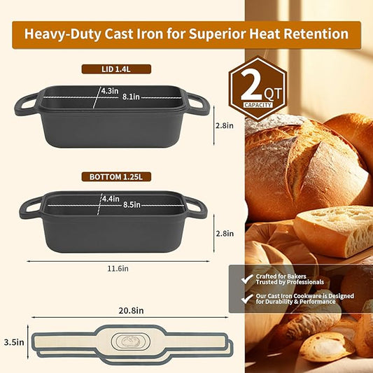 Cast Iron Bread Pan with Lid, Cast Iron Bread Loaf Pan with 2 Silicone Bread Mats, Sourdough Loaf Pan with Lid, Heavy Duty Loaf Pans for Oven Baking Bread, Bread Pans for Homemade Bread