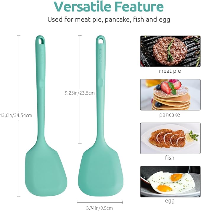 13.6" Solid Silicone Turner: U-Taste 600ºF Heat Resistant Kitchen Spatula Flipper, Food Grade Flexible Wide Seamless Rubber Cooking Utensil for Egg, Pancake, Burger in Nonstick Cookware (Aqua Sky)
