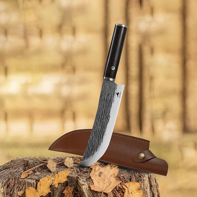 Professional 7.8-inch Chef Knife, High Carbon Stainless Steel Blade for Cutting Meat, with Leather Sheath Scabbard, Ash Wood Handle, Suitable for Kitchen, Outdoor Cooking, BBQ