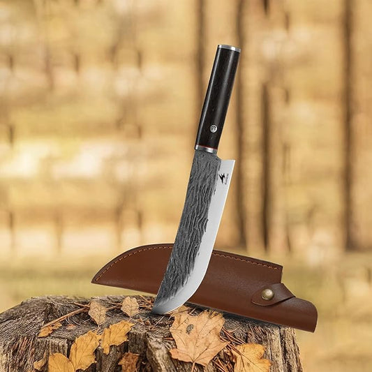 Professional 7.8-inch Chef Knife, High Carbon Stainless Steel Blade for Cutting Meat, with Leather Sheath Scabbard, Ash Wood Handle, Suitable for Kitchen, Outdoor Cooking, BBQ