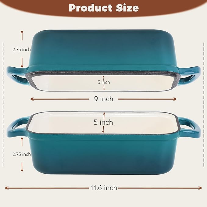 Cast Iron Loaf Pan With Lid, Enameled Bread Loaf Pan For Homemade Bread Sourdough, 2 In 1 Loaf Pans For Baking Bread 9x5, Even Heating Bread Dutch Oven, Teal