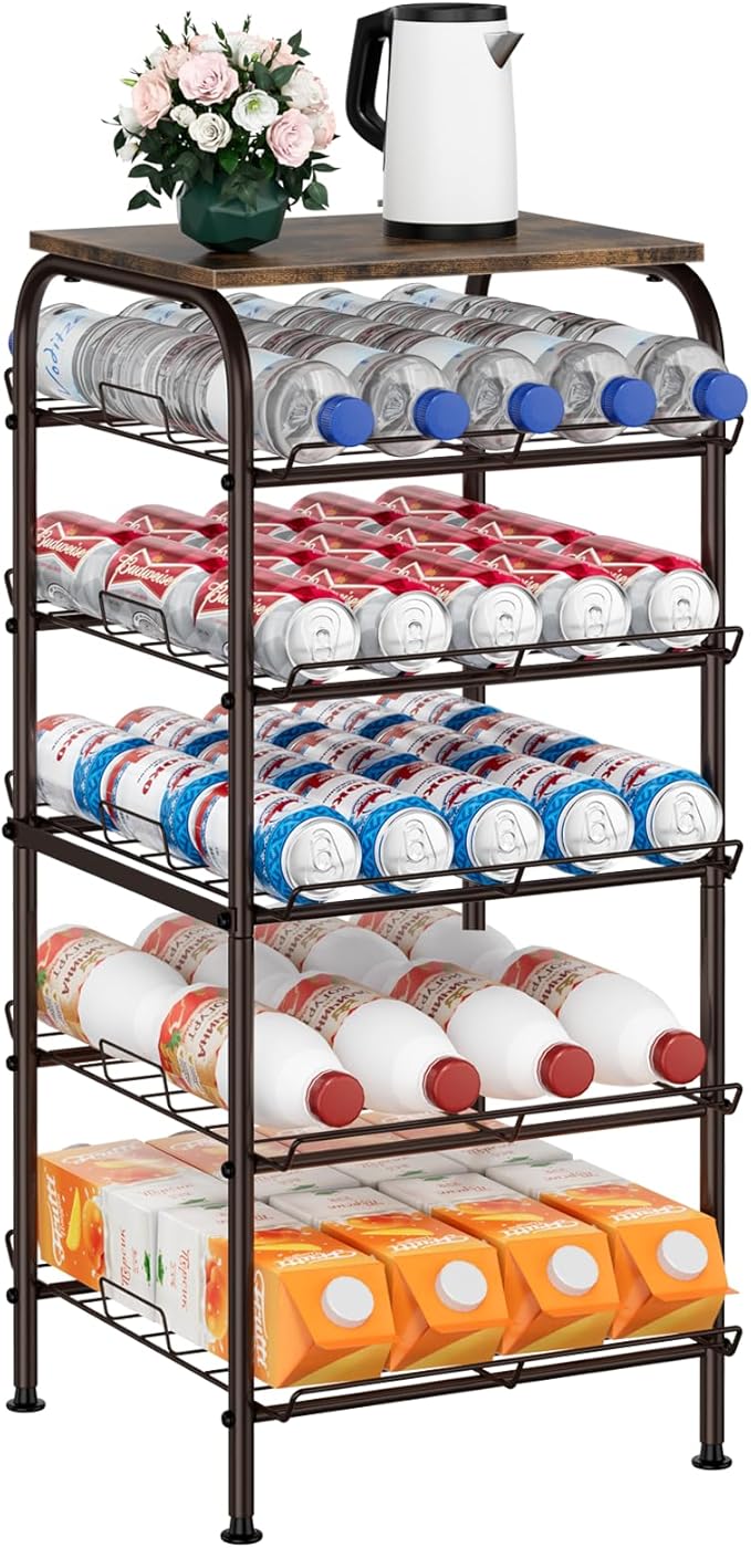 smusei Water Bottle Organizer 5 Tier Free Standing Water Bottle Holder Rack Large Capacity Bottled Water Storage Rack Metal Soda Can Beverage Drink Stand Shelf for Kitchen Pantry Office, Brown