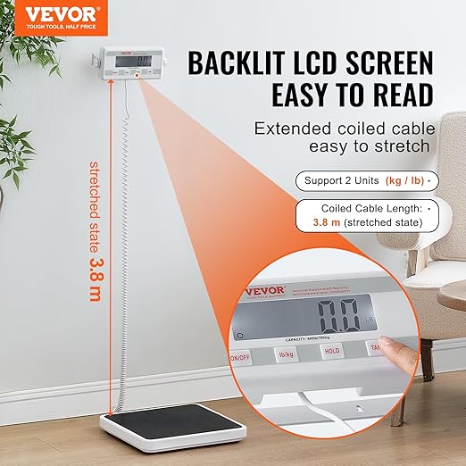 VEVOR Portable Medical Scale, Professional Digital Physician Scale for Weighing - with Anti-Slip Mat, 2 Units (kg/lb), Hold & Tare Function, 400LBS Capacity Physician Wight Scale for Gym Home Hospital