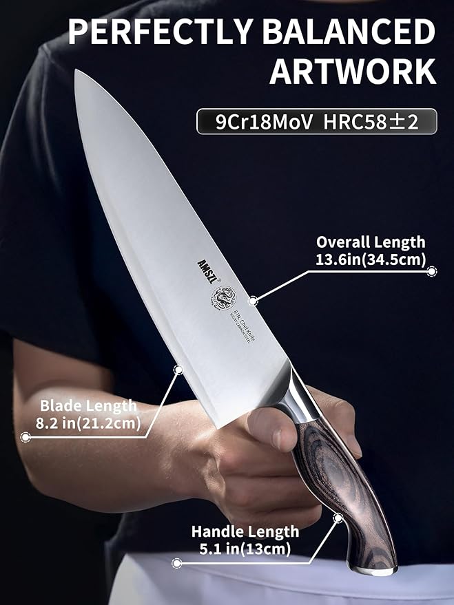 LOONG 8 inch Chef Knife, 9Cr18MoV High Carbon Steel Kitchen Knife, Ultra Sharp & Durable, Ergonomic Brown PakkaWood Handle