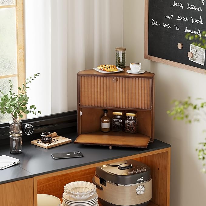 Corner Bread Box for Kitchen Countertop Bamboo Two Layer Large Capacity Bread Storage Bin Vintage Storage for Homemade Bread (Brown)