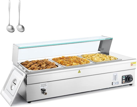 WILPREP Commercial Food Warmer with Three 1/2 Pans, Electric Warmer for Food with Sneeze Guards Adjustable Temp. & Auto Shutoff, Stainless Steel Food Heating Unit for Buffet Food Truck Hotel Catering