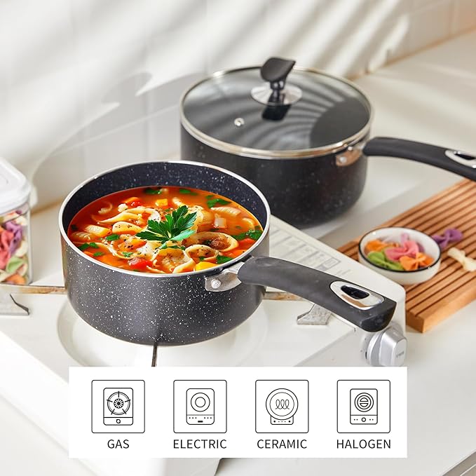 Nonstick Saucepan with Lid, Non Stick 1Qt & 2Qt & 3Qt Sauce Pan Set with Silicone Handle,Small Milk Pot with Glass Lid for Home Kitchen