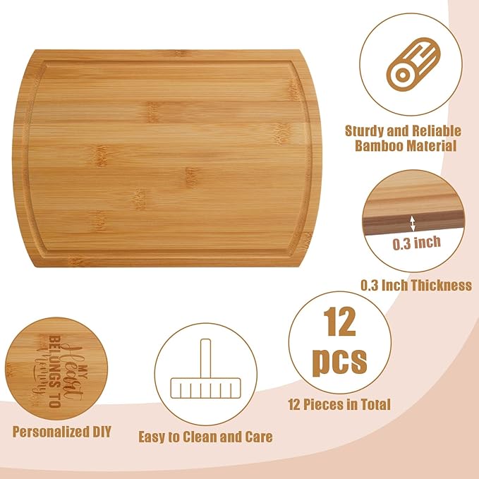 Patelai 12 Pack Large Cutting Boards Bulk Wooden Kitchen Chopping Boards for Crafts DIY Wedding Housewarming Gift(Bamboo,12 x 9 Inch)