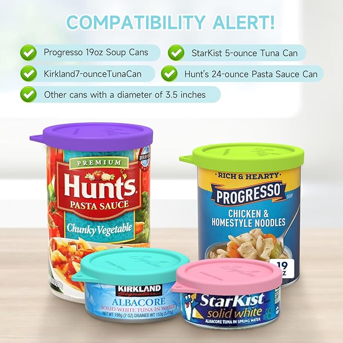 4PCs 3.4-inch Silicone Can Lids for Hunt's | Starkist | Kirkland | Progresso Can, Tight Seal Cover for Canned Good, Can Toppers, Reusable Food Saver Lid (Can NOT Included)