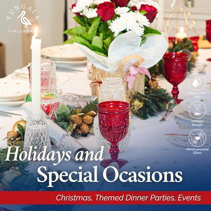 Yungala Red Goblets, Set of 6 Hand Crafted Red Colored Wine Glasses for lovers of red glassware, perfect for Valentines Day or Christmas Wine Glasses