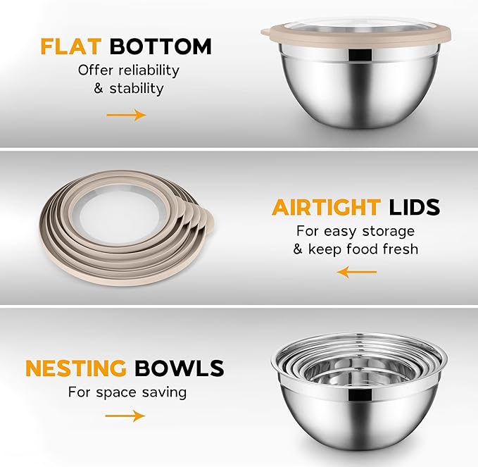 Onader Mixing Bowl Set of 5 for Kitchen, Stainless Steel Metal Nesting Mixing Bowls with Khaki Lids – Size 1.5, 2, 2.6, 3.5, 4.6QT