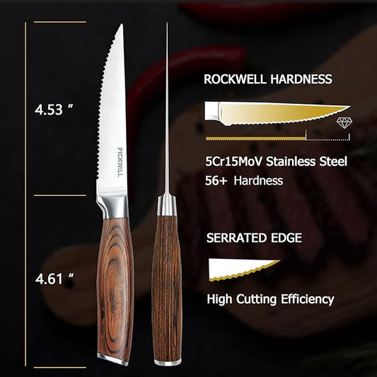 Steak Knives,Steak Knives Set of 4, Ergonomic Wood Handle, 4.5 Inch High Carbon Stainless Steel Serrated Steak Knives Set with Gift Box