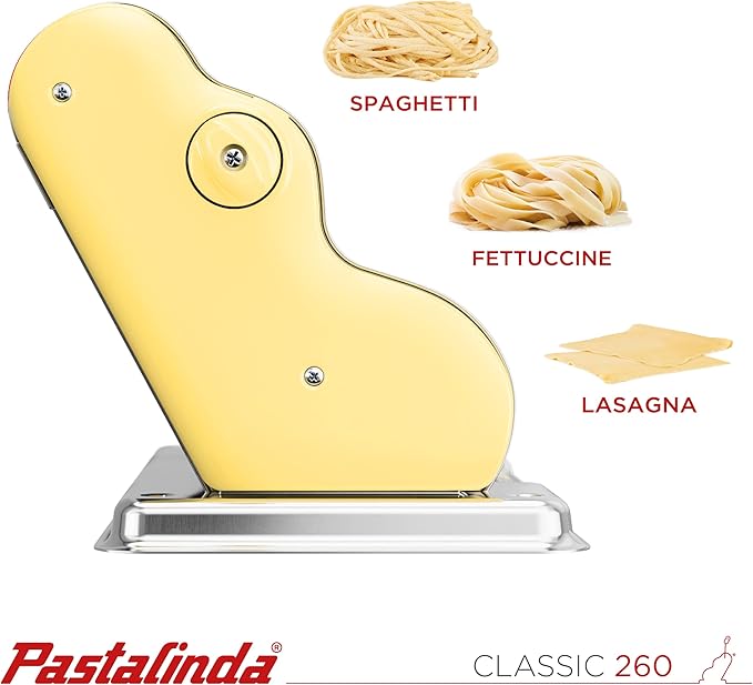 PASTALINDA Classic 260 Pasta Maker Machine, 26 cm Wide Rollers, 9 Thickness Positions, 2 Cutting Positions, Stainless Steel. Includes Reinforced Hand Crank And Two Clamps (Yellow)
