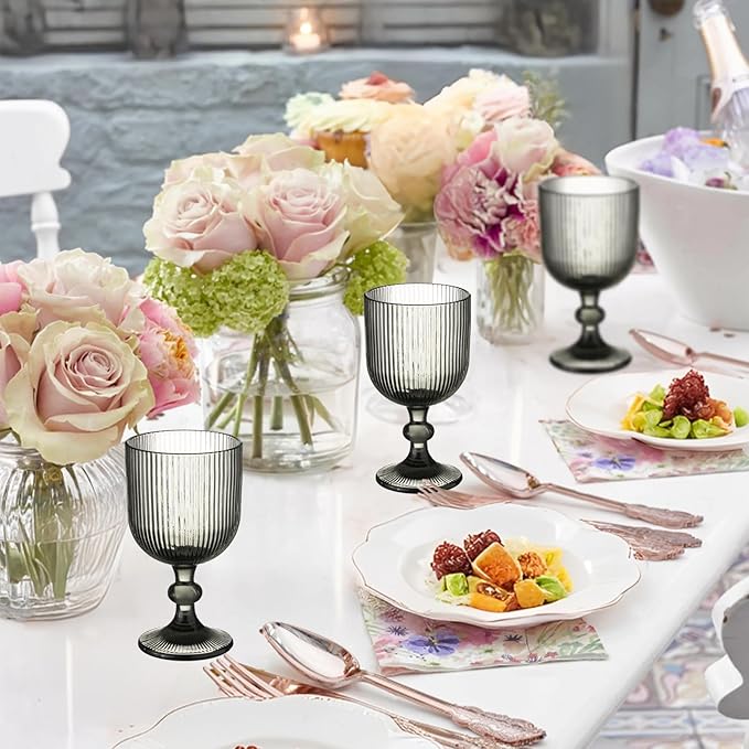 12 Pcs Vintage Wine Glasses, 11 Ounces Colored Glass Water Goblets, Unique Embossed Pattern High Clear Stemmed Glassware Wedding Party Bar Glass Drinking Cups Fancy Glasses Vertical Line Grey Set