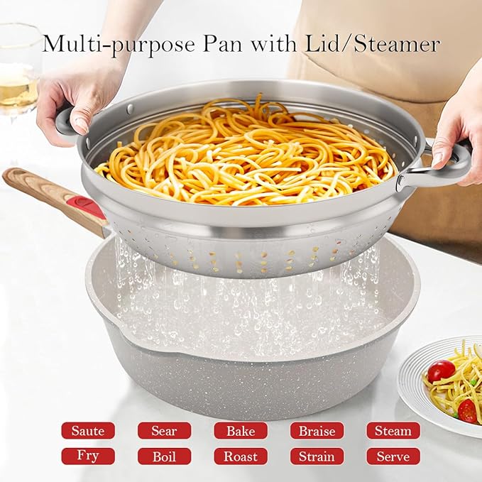 11 Inch Nonstick Deep Frying Pan with Lid, 4-Pc Set - (4.5 Qt Saute Pan with Lid, Steamer/Strainer Basket, Silicone Spatula), Skillet with Detachable Handle, Oven Safe, Non-Toxic