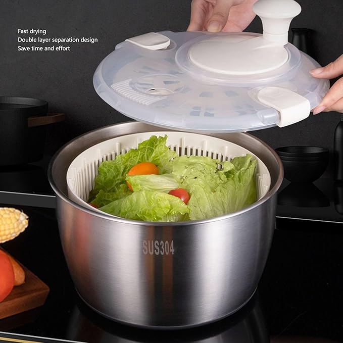 Salad Spinner, Stainless Steel Multifunctional Large Capacity Lettuce Vegetable Fruit Dryer Drain Basket for Home Restaurant