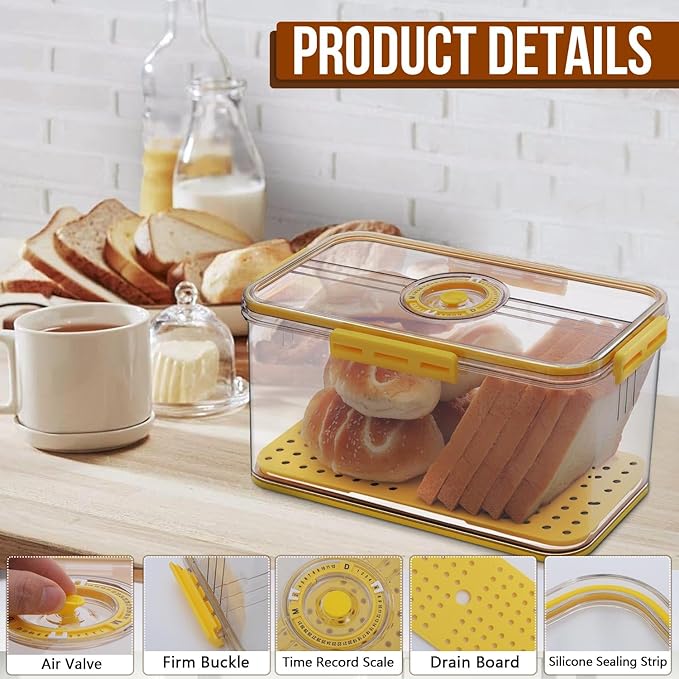 Bread Box Bread Boxes for Kitchen Counter Airtight, Time Recording Bread Storage Container with Lid, Bread Keeper for Homemade Bread, Toast, Bagel, Donut and Cookies, LARGE Yellow